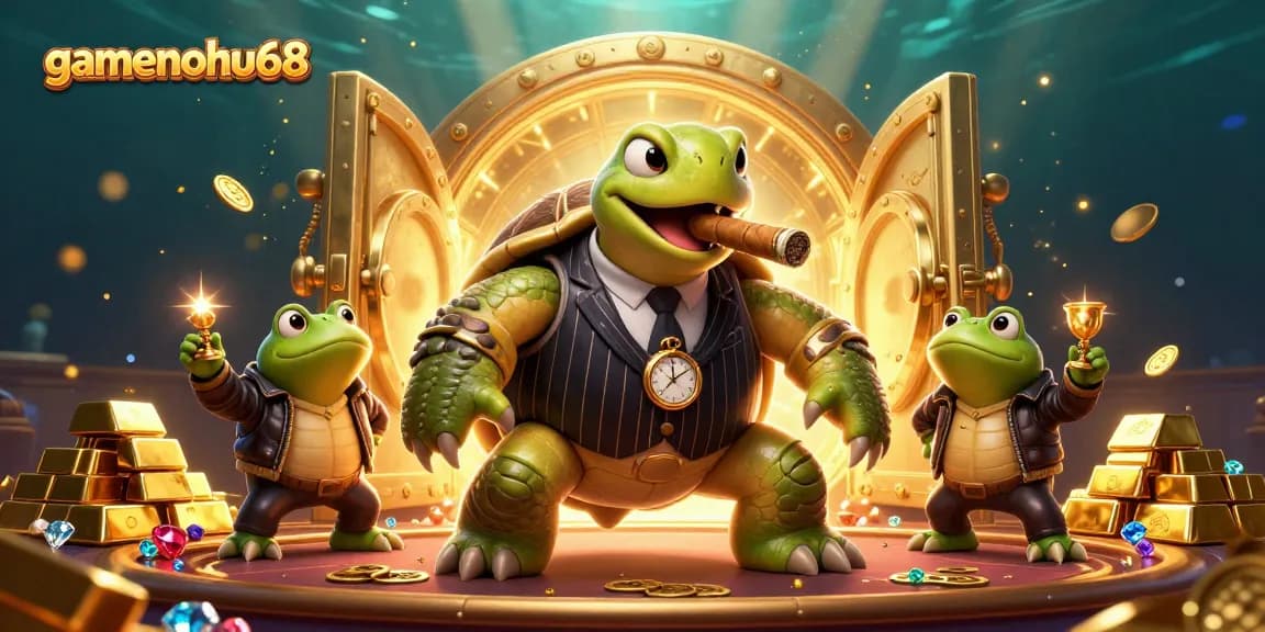 Engage with gamenohu68, featuring a vibrant casino scene with animated characters and treasure.