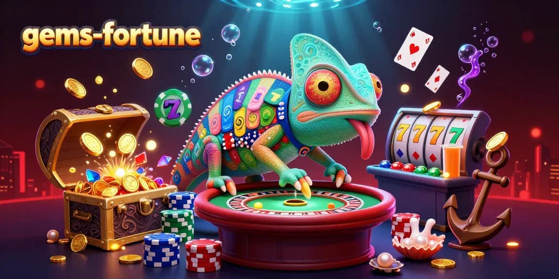 Engage with gems-fortune in an exciting online casino scene featuring a colorful chameleon owner.
