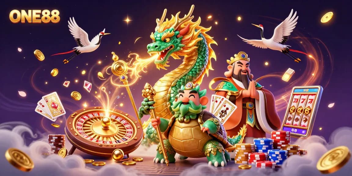 Experience the thrill of ONE88 with a jade dragon and vibrant casino elements.