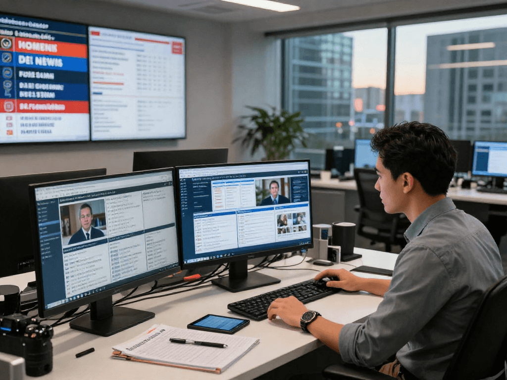 Journalist engaging with live news updates in a modern newsroom focused on Tin Tức.