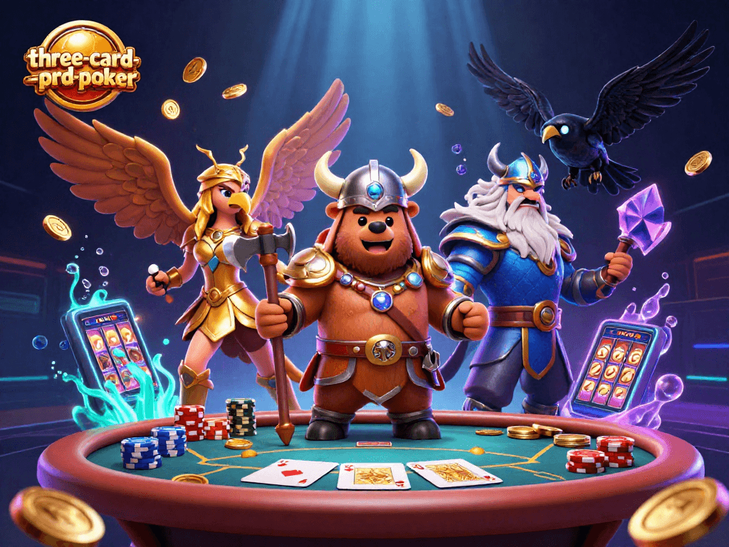 Engage in three-card-poker with a vibrant scene showcasing a Viking bear and Valkyrie eagle amid cascading coins.