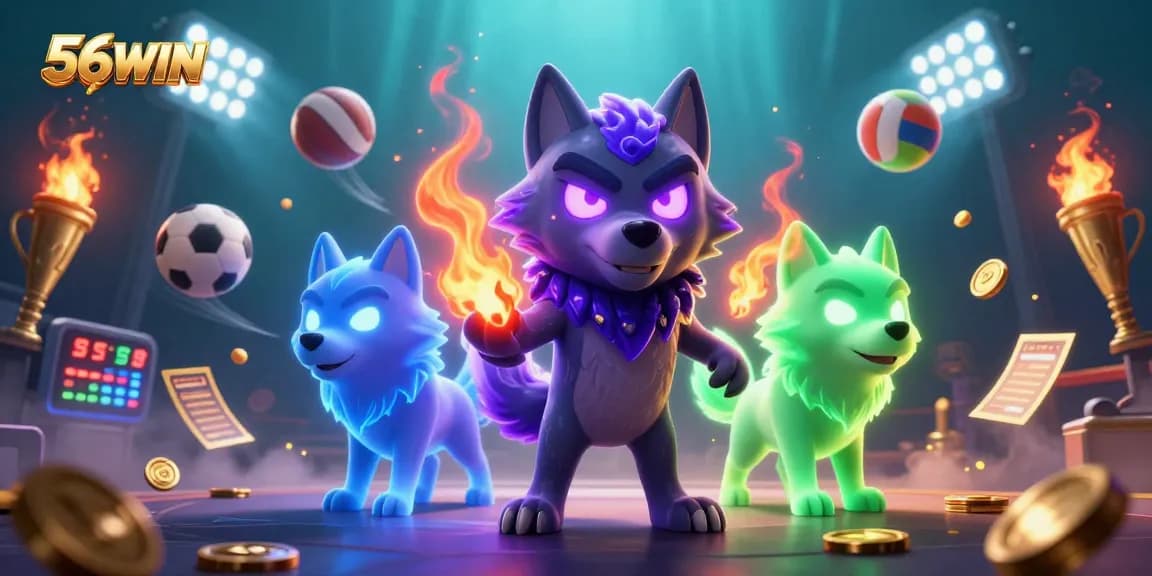 Join the excitement at 56WIN with thrilling sports betting atmosphere, vibrant ghostly wolves, and dynamic game elements.