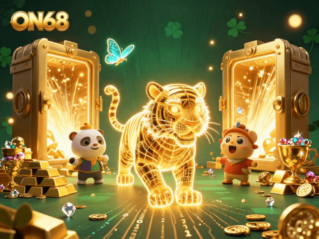 Experience ON68's vibrant gaming action with a golden tiger and magical butterflies in a dazzling digital casino.