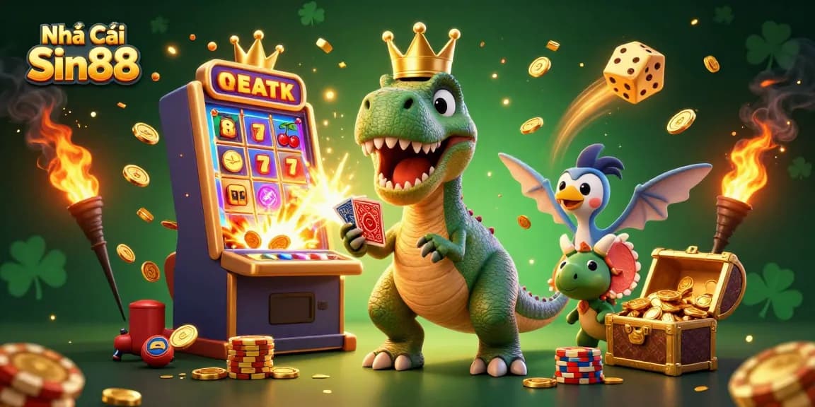 Join the fun with Nhà Cái Sin88 as the T-Rex shuffles cards and wins big at the slot machine.
