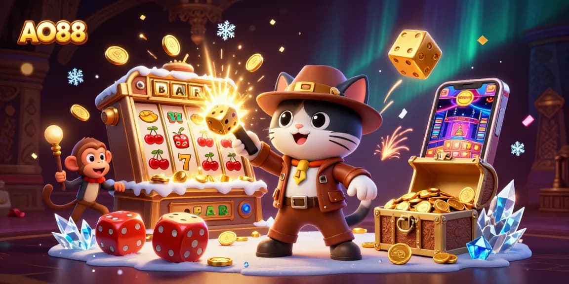Spin and win big with AO88 at a dynamic casino treasure scene, featuring vibrant games and golden artifacts.
