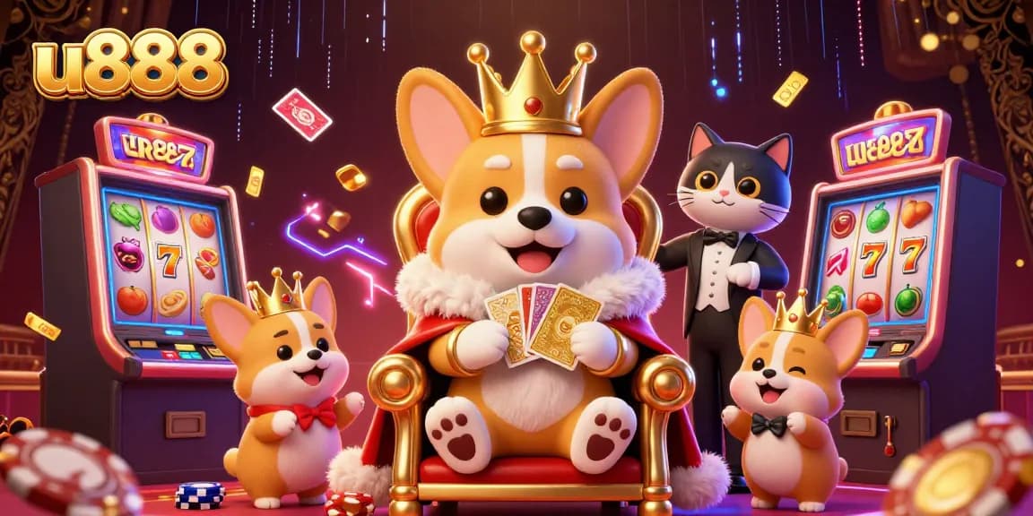 u888 corgi royalty winning with slot machines in a vibrant casino scene.