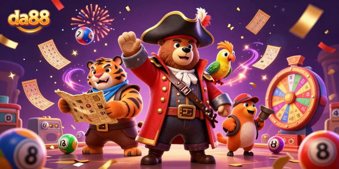 Experience excitement with da88 in a vibrant casino scene showcasing colorful lottery elements and dynamic characters.