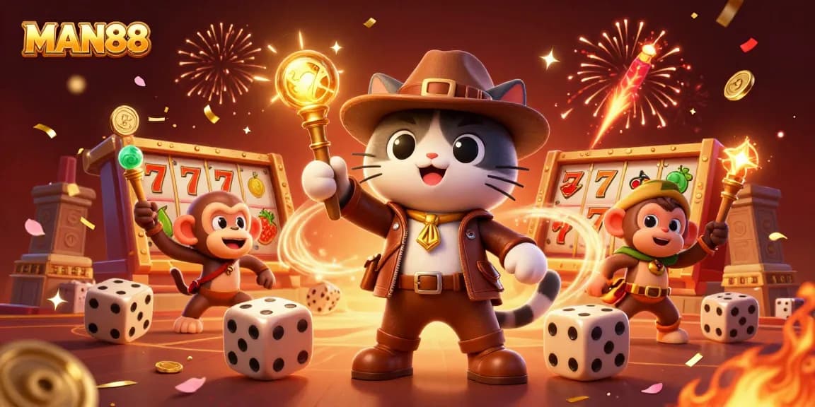 Engage with MAN88's vibrant 3D casino scene showcasing thrilling slot games and rich atmosphere.