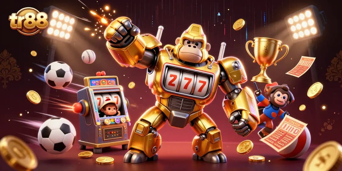 Engage with tr88 casino excitement featuring a dynamic golden gorilla mech and vibrant sports elements.