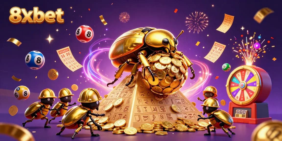 Experience 8xbet excitement with golden icons and vibrant lottery elements in stunning 3D illustration.