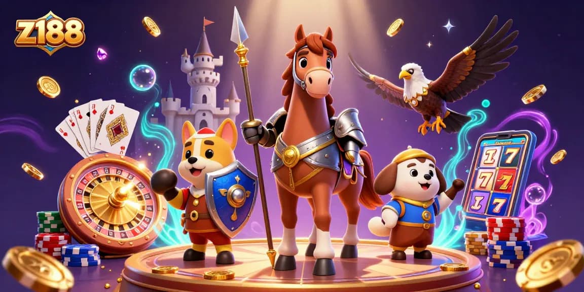 Experience thrilling gaming at z188 with a knight, puppy, and falcon in a lively casino scene.
