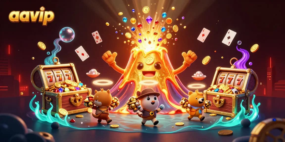 Play exciting aavip slots while enjoying treasure-filled adventures in this vibrant illustration.
