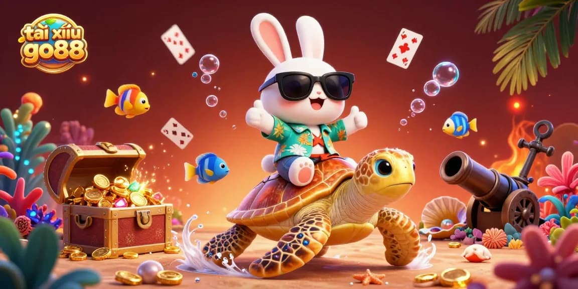 Experience the excitement of tài xỉu go88 with an adorable rabbit and golden turtle in a vibrant underwater casino scene.