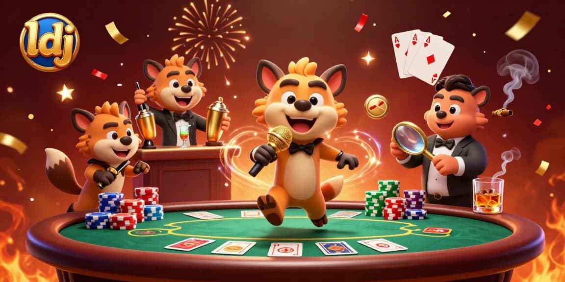 Experience the excitement at the ldj casino with vibrant hyena characters, poker elements, and a festive atmosphere.