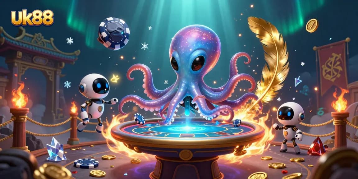 Engage with thrilling poker action at uk88 featuring an alien octopus and robot in a dynamic casino scene.
