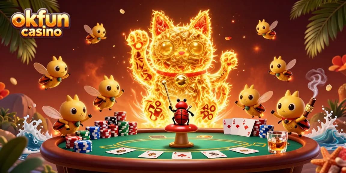 A captivating illustration showcasing okfun casino with a lucky cat made of fireflies amongst dynamic poker elements.