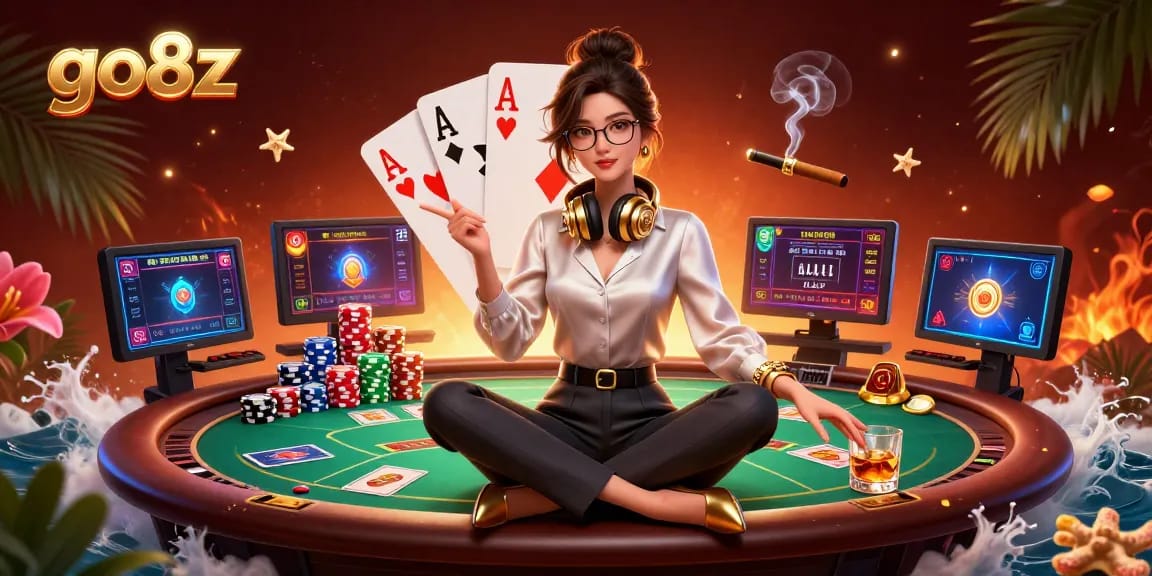Experience thrilling games at go8z with an elegant gamer in a high-tech casino setup surrounded by dynamic poker elements.