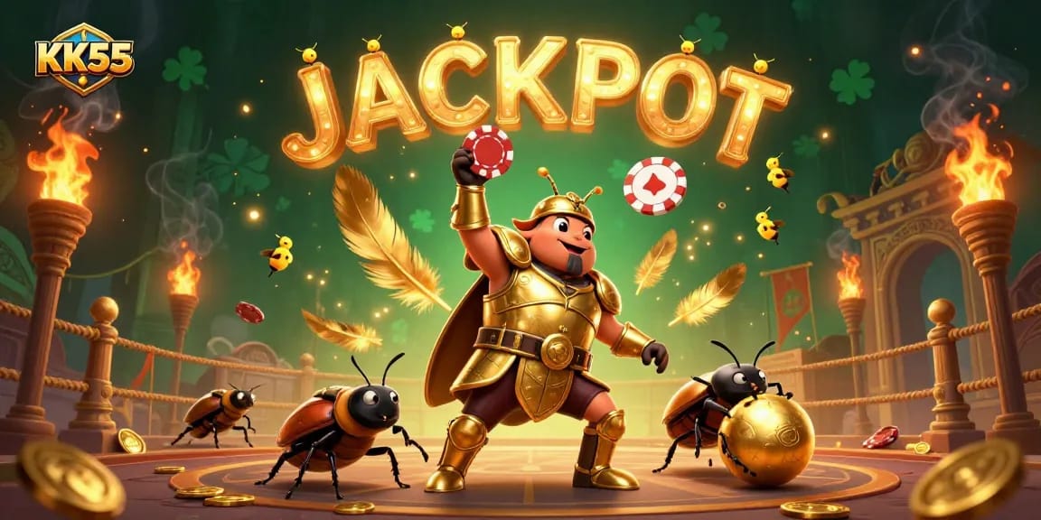 Engage in the vibrant world of KK55 with thrilling games and jackpot features, illustrated through dynamic characters.