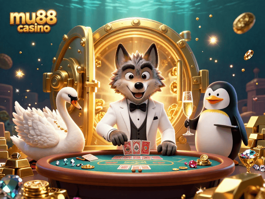 Experience the excitement of mu88 casino with animated characters enjoying gambling at a luxurious baccarat table.