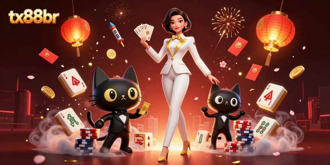 Feel the excitement at tx88br as a glamorous dealer shuffles cards with a playful cat in a casino setting.