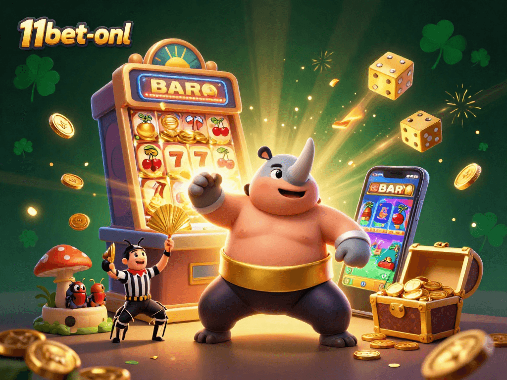 11bet-onl features a dynamic scene of a beetle sumo champion amidst a jackpot explosion.