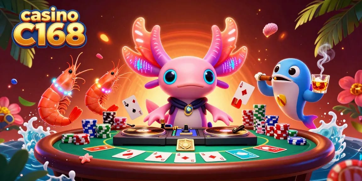 Experience the vibrant world of casino C168 with a neon axolotl DJ at an underwater poker party.