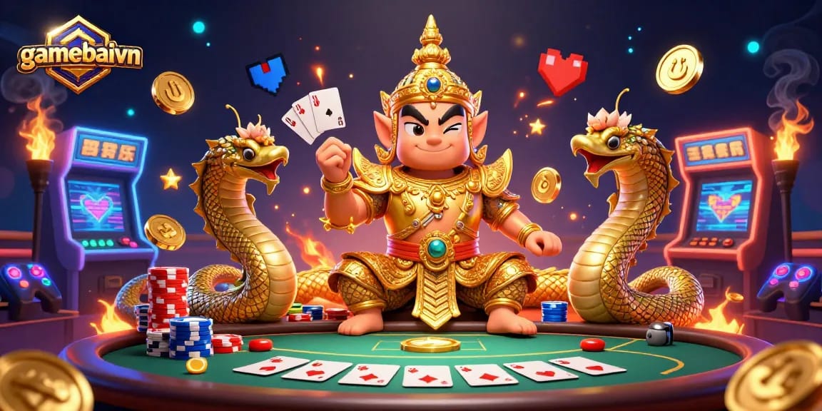 Gamebaivn showcases lively poker action with vibrant characters and interactive elements in an animated 3D scene.