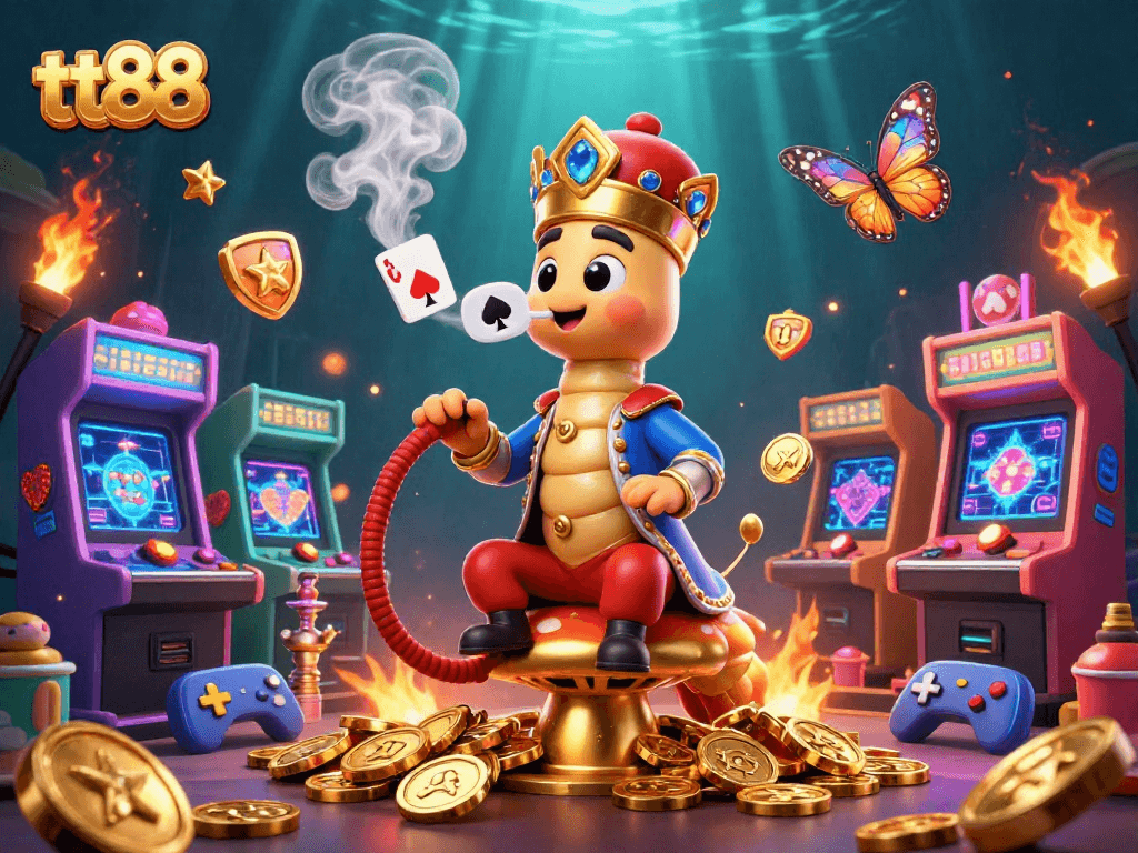 Experience the magic of tt88 with a vibrant illustration of a caterpillar master in a casino setting, surrounded by colorful gaming elements.