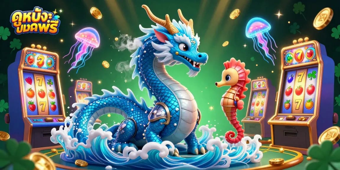 Experience ดูหนังออนไลน์ฟรี with an enchanting casino scene featuring vibrant dragons and slot machines.