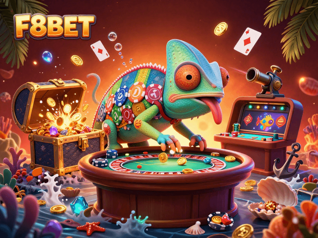 Experience thrilling gameplay at F8BET with a colorful casino chameleon surrounded by vibrant game elements.