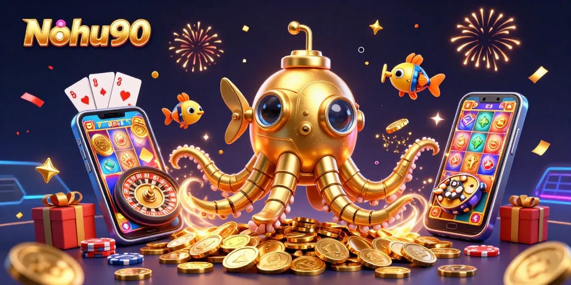 Nohu90 reveals the excitement of winning with a captivating golden kraken submarine in a jackpot scene of mechanical fish and slot games.