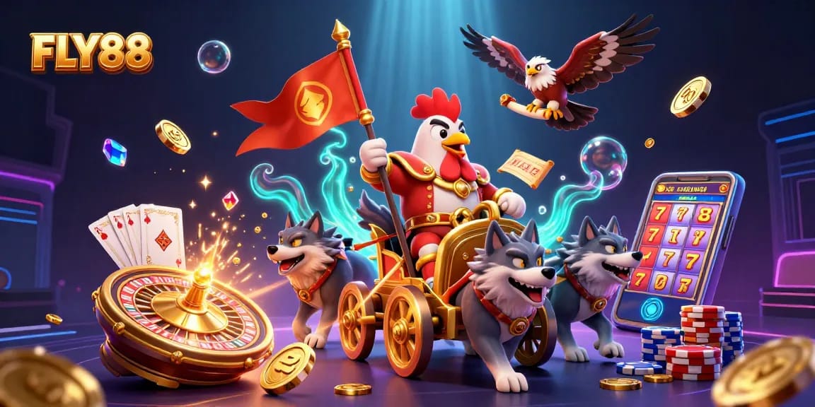 Experience a thrilling adventure with FLY88 as the rooster warlord claims victory in a vibrant casino scene.