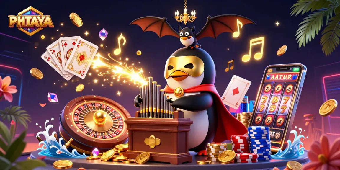 PHTAYA engages players with vibrant casino elements in a dynamic 3D illustration showcasing thrilling gameplay.