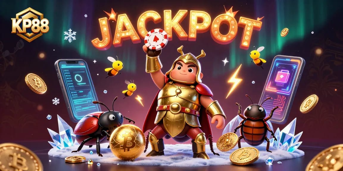 KP88 players enjoy gaming with a champion beetle lifting a poker chip in a vibrant, detailed casino scene.