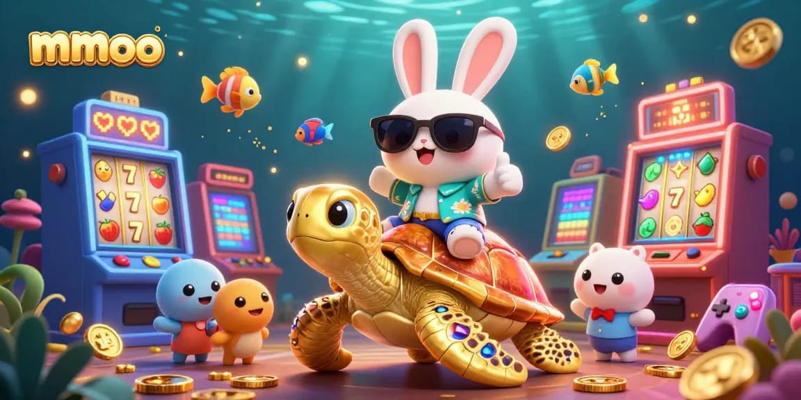 Experience winning moments at mmoo with a lucky rabbit, golden turtle, and vibrant slot elements in action.