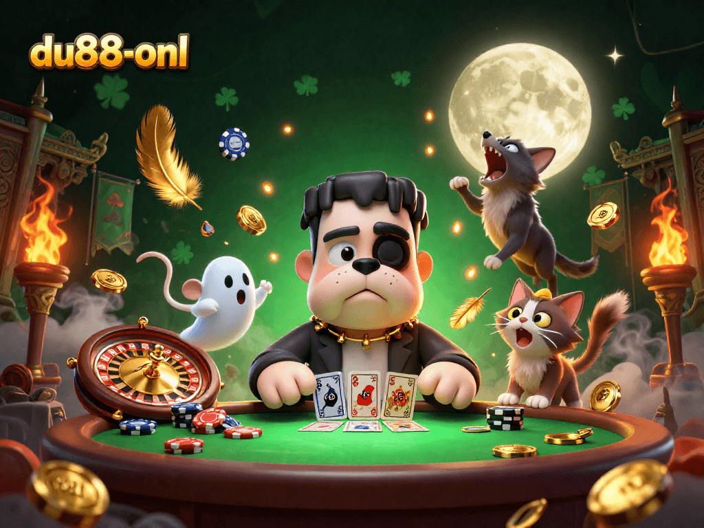 Experience thrilling card games at du88-onl with a lively scene featuring unique characters and vibrant casino elements.