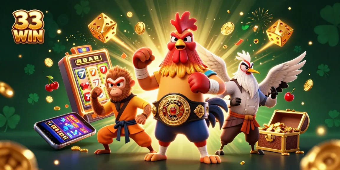 Experience thrilling action with 33 WIN as a majestic rooster and Shaolin monkey celebrate a jackpot win!