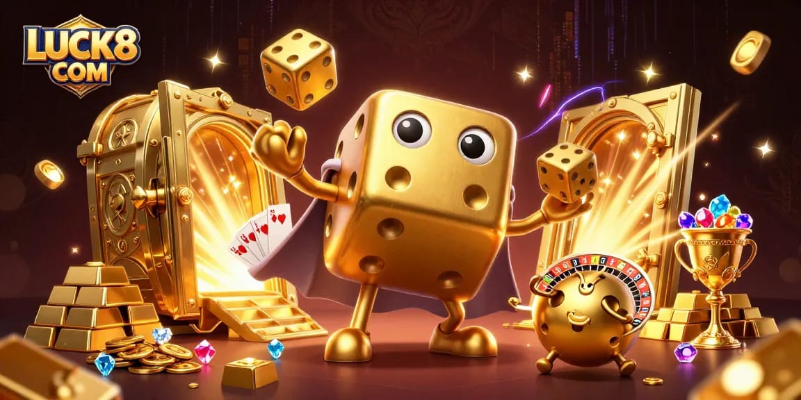 LUCK8 COM showcases a lively 3D casino scene with a massive dice golem and dazzling casino treasures.