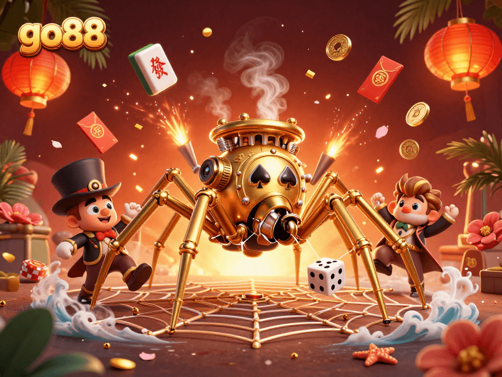Experience the thrilling go88 world with a golden spider web and rich casino elements.