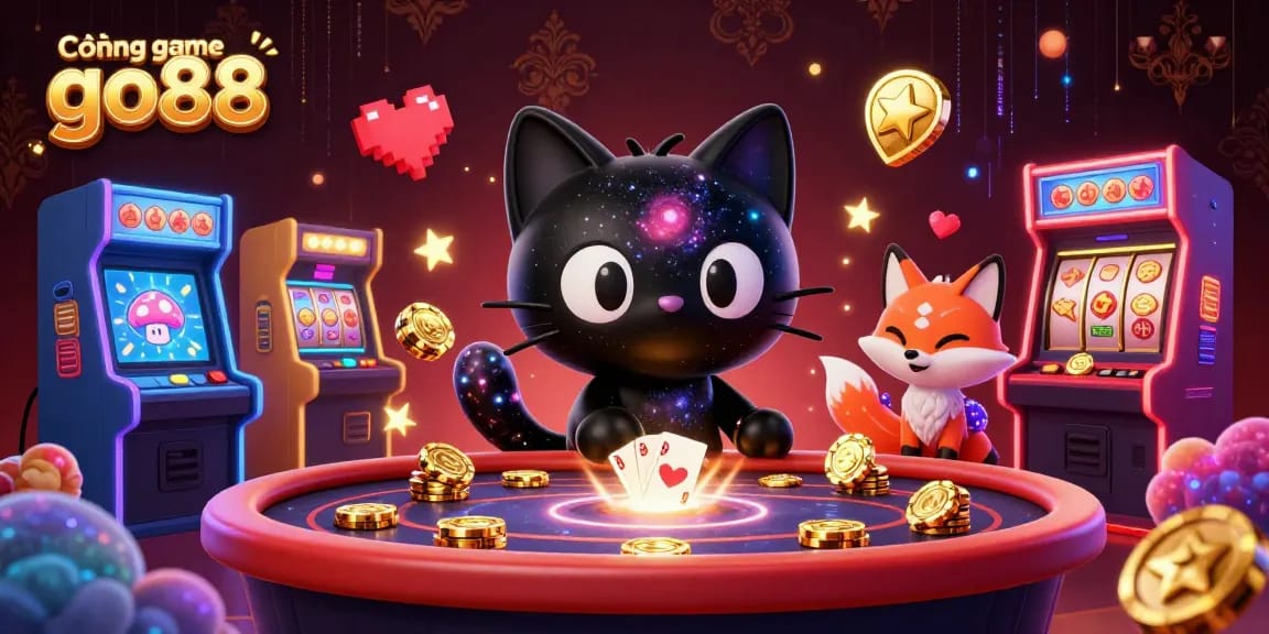 Cổng game go88 features dynamic gaming elements with a cosmic cat and fox surrounded by vibrant casino symbols.