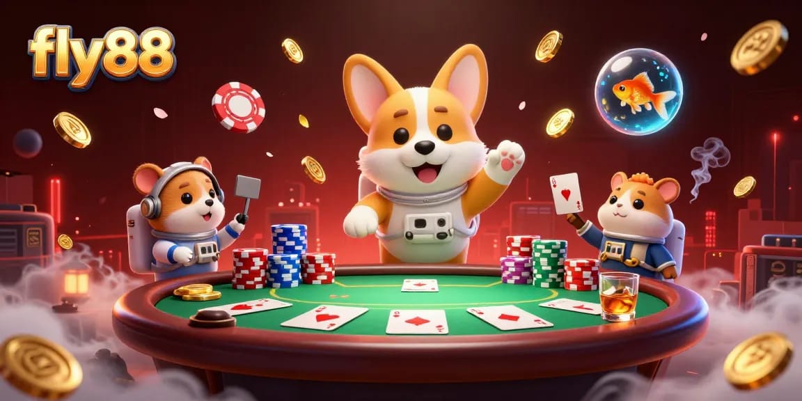 Experience fly88's vibrant casino adventure with a floating corgi, colorful poker chips, and exciting gameplay!