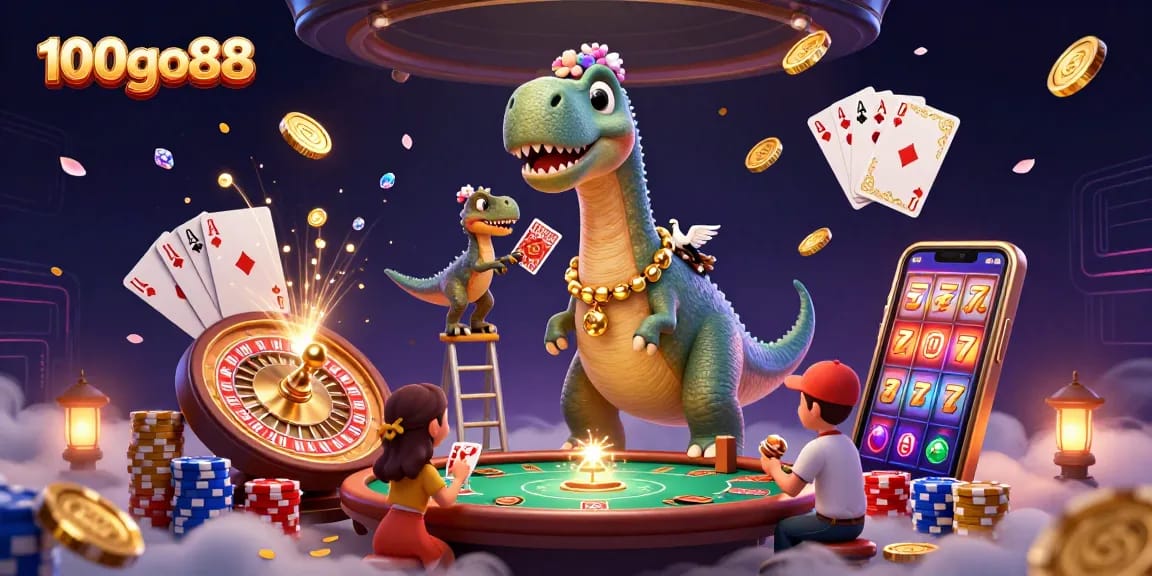 Play with excitement at 100go88 with a lively casino scene featuring a dinosaur dealer!