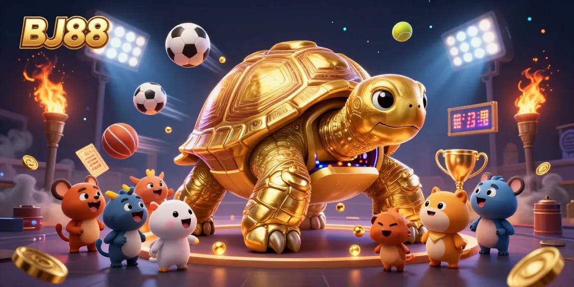 Engage with BJ88's thrilling betting games featuring a lively tortoise pinball machine and vibrant sports elements.