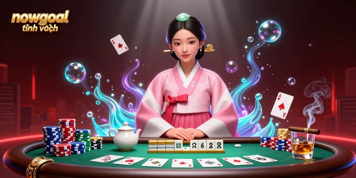 Engaging nowgoal tiếng việt scene showcasing poker elements with a serene Asian woman, rich gaming visuals.