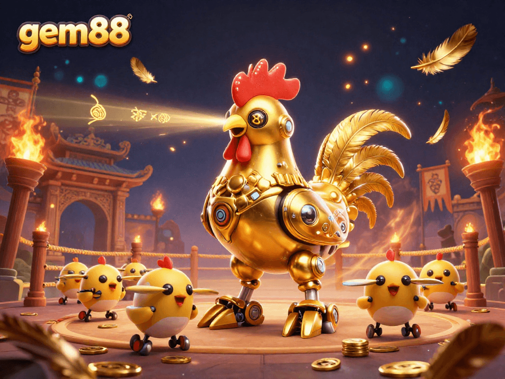 Engage in thrilling cockfighting action with gem88, featuring a golden rooster robot in an arena.