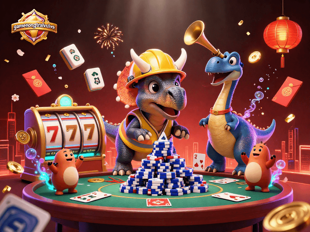 Engage in an exciting gambling scene featuring gamenongtraivuive with playful characters, vibrant poker elements, and animated confetti.