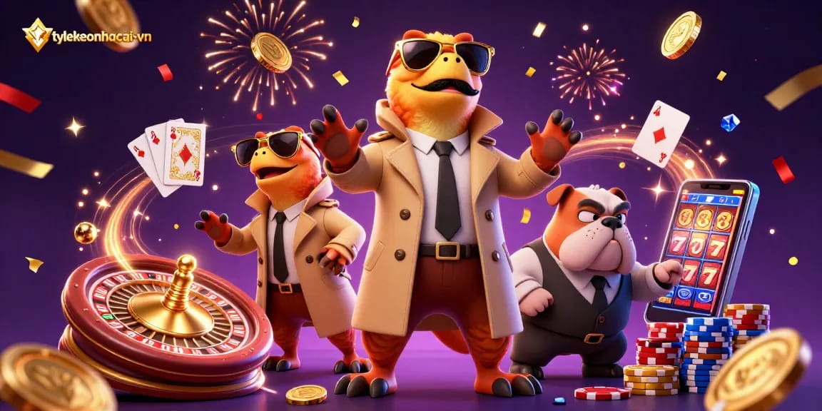 Play slots at tylekeonhacai-vn with a lively scene featuring raptors and casino elements.