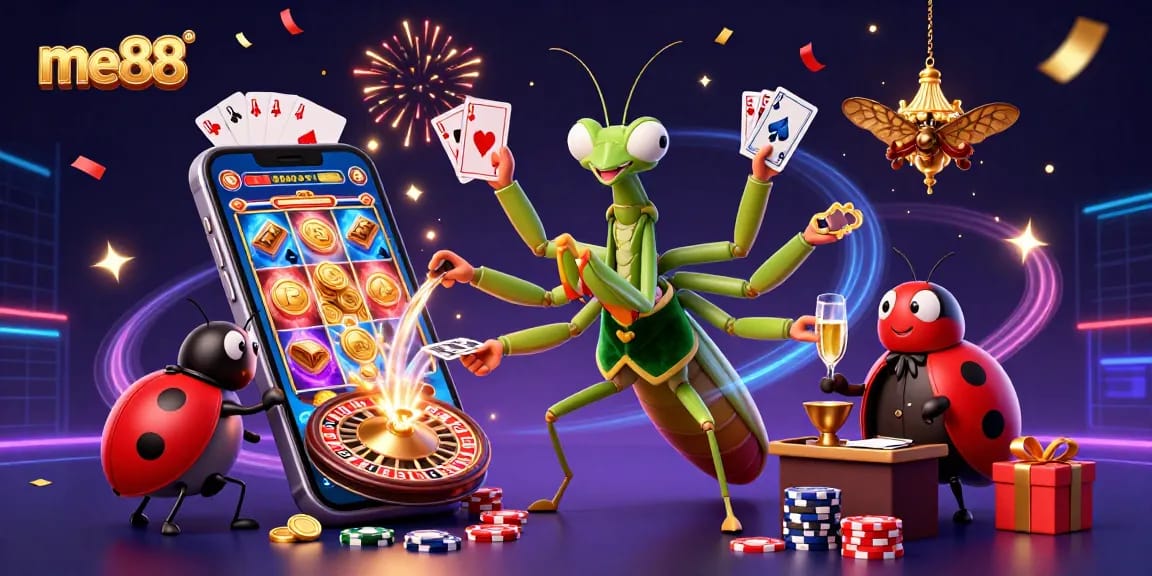 Experience thrilling gameplay with me88, featuring vibrant 3D casino characters amidst dynamic slot games and casino elements.