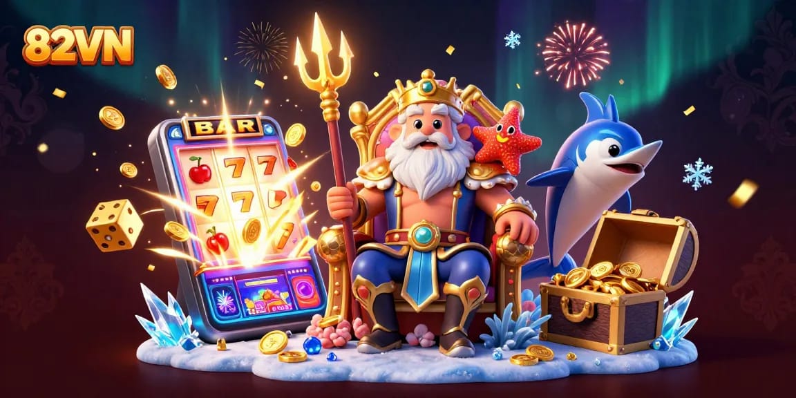 Join the 82VN gaming adventure with exciting slots and vibrant winnings in this dynamic illustration.