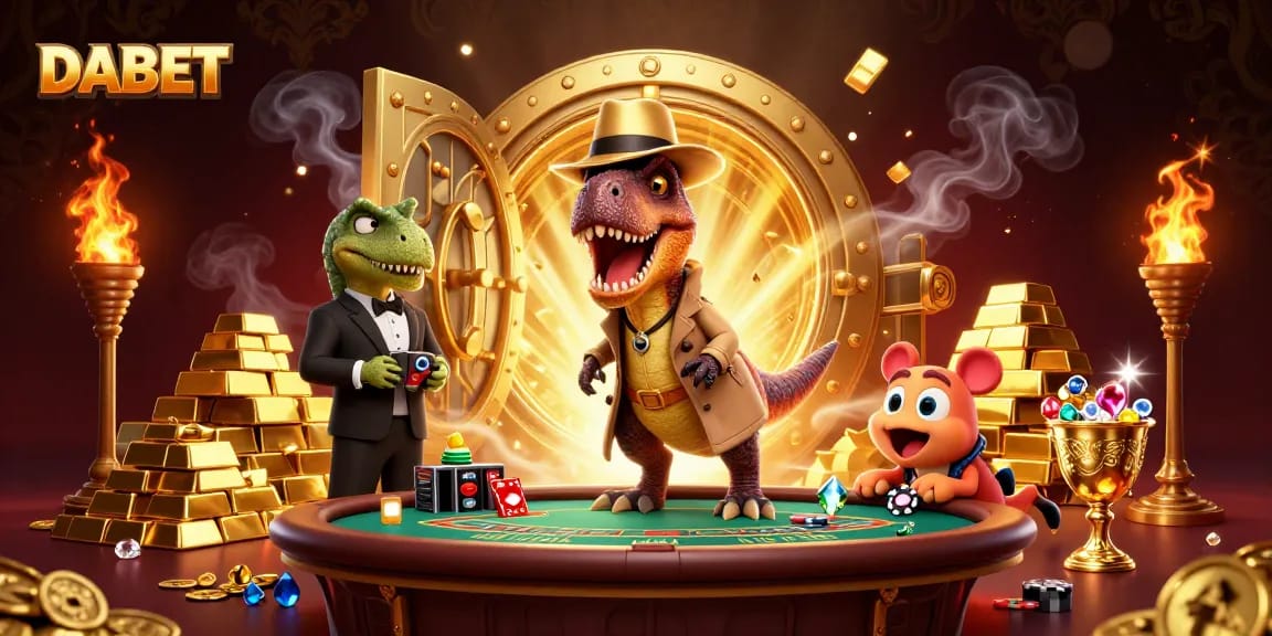 DABET showcases a clever velociraptor card counter at a blackjack table, surrounded by gold treasures.
